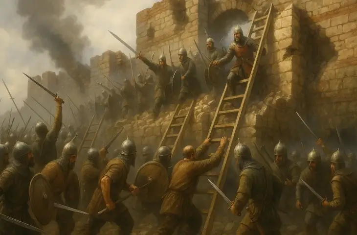 Osmanlı Anadolu askerlerinin merdivenlerle surlara tırmanarak Bizans savunmasıyla çarpıştığı ikinci hücum dalgası.